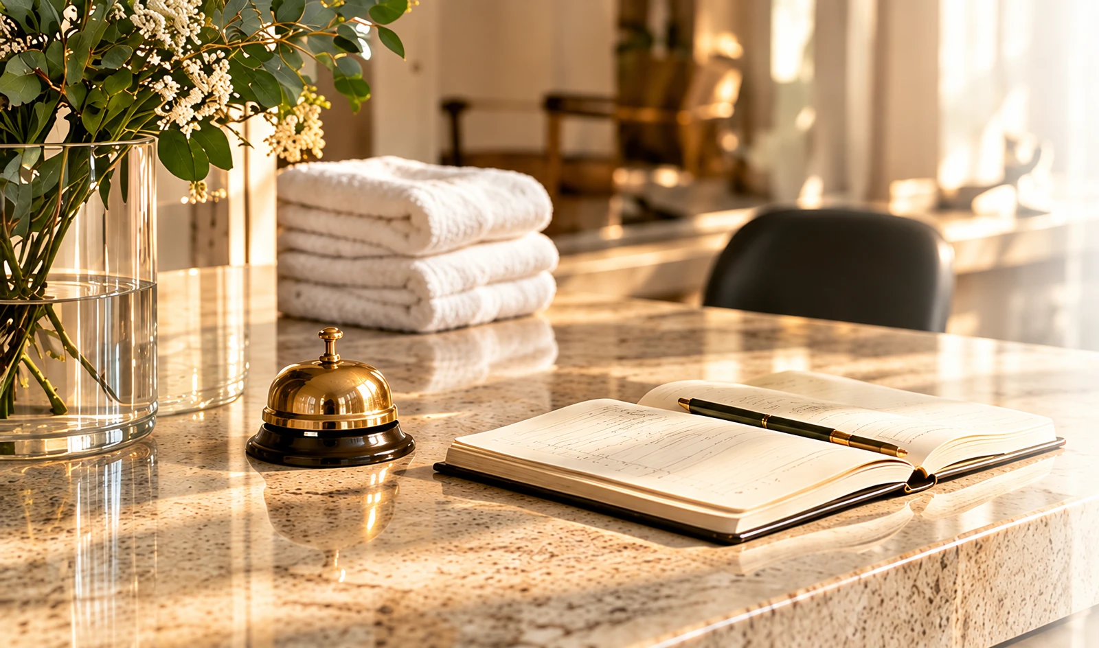 A salon reception counter with a brass bell, folded towels and an open appointment book